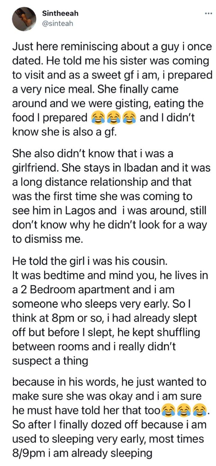 Lady narrates how she was tricked by her boyfriend to sleep under the same roof with his second girlfriend