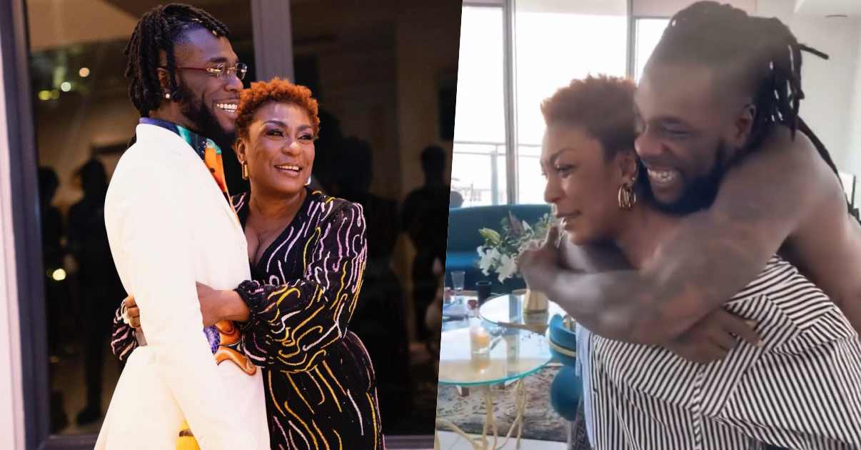 "You've lost weight" - Moment Burna Boy's mother carried Odugwu on her back on his 30th birthday (Video)