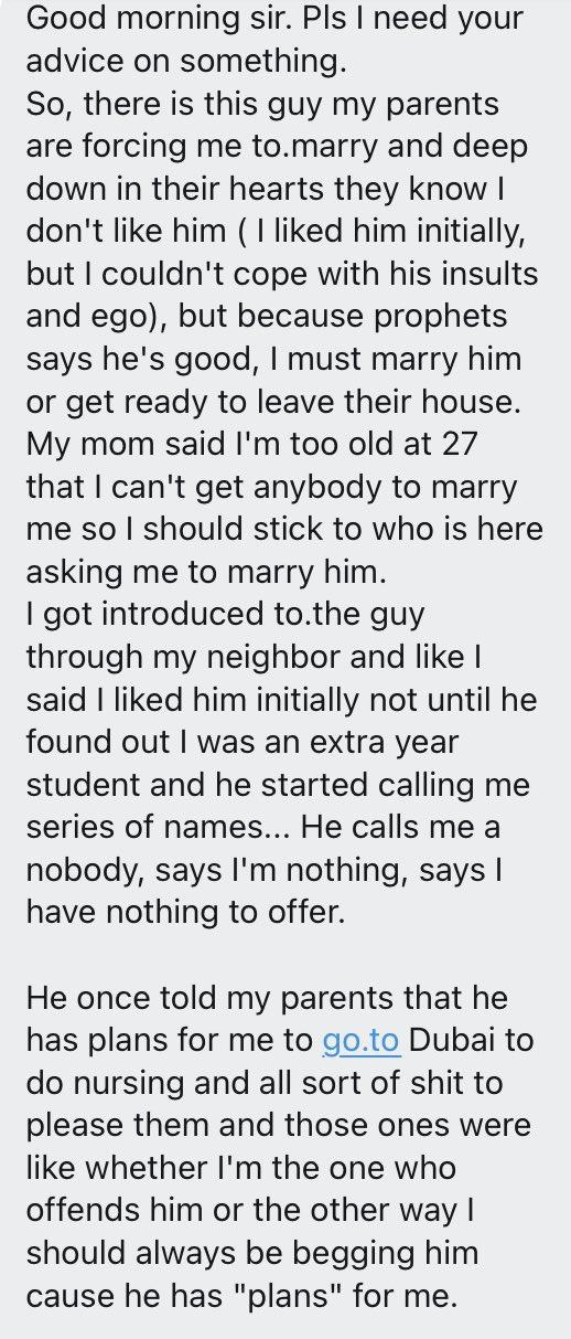 "My parents are forcing me to marry a rude man because of his riches" - Lady seeks advice