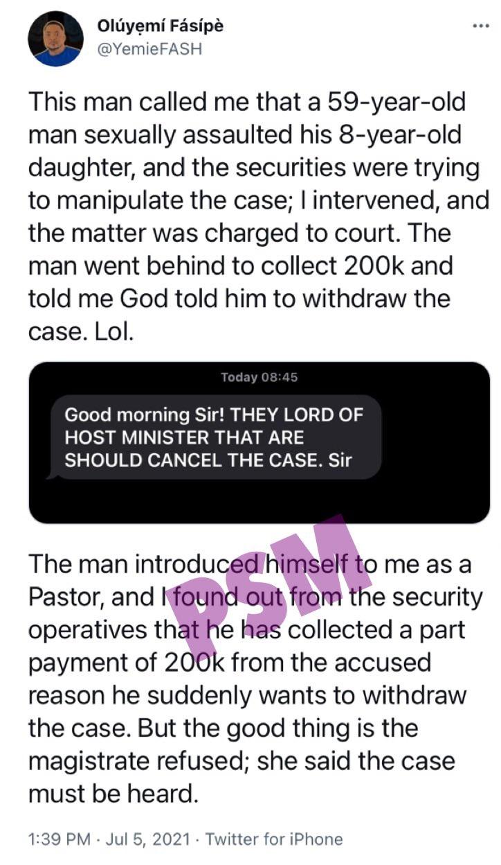 Man moves to withdraw lawsuit of sexual assault on his daughter says the Lord of Hosts ministered to him 