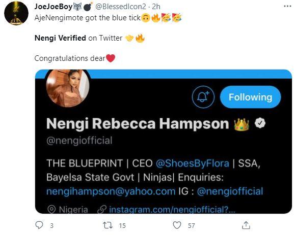 Reactions as BBNaija's Nengi gets verified on Twitter