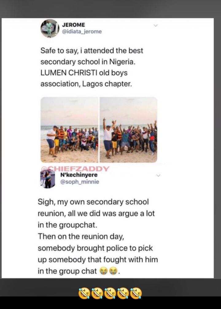 Lady narrates how her classmate in secondary school brought policemen to arrest fellow classmate on their reunion day