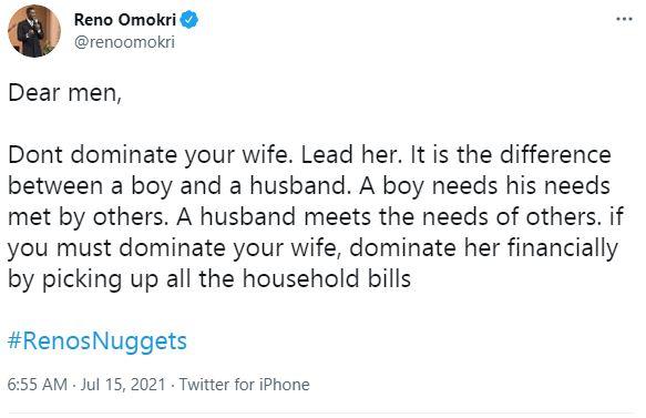 Men Dominate Wives Financially Reno Omokri