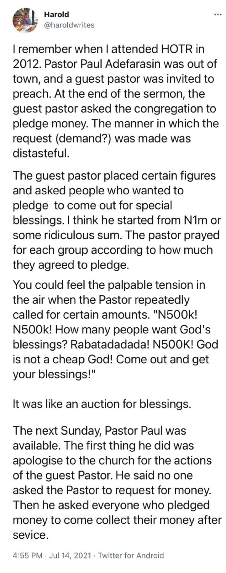 Man narrates experience with pastor who mandated members to sow a seed with a huge sum of money