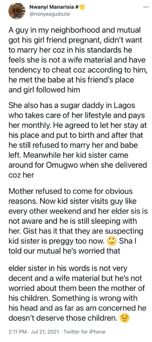 Lady narrates how man got two siblings pregnant, says he ...