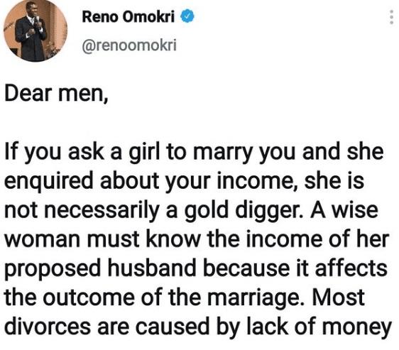 "Women that ask about men's income before marriage are not necessarily gold diggers" - Reno Omokri