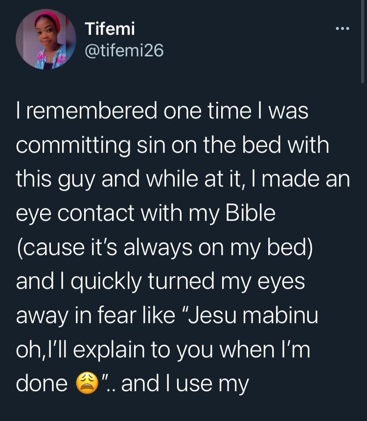 Lady narrates how the bible saved her from sin while in bed with a man