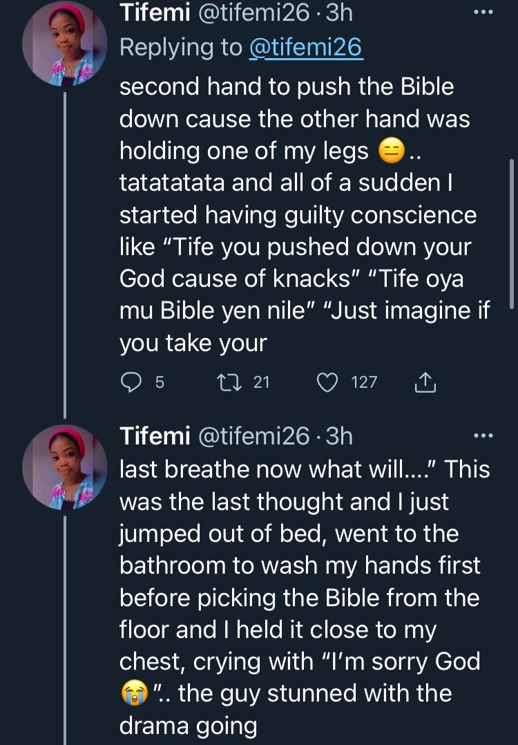 Lady narrates how the bible saved her from sin while in bed with a man