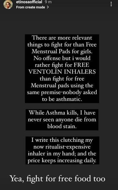 "Fight for more relevant things for ladies other than free pads" - Etinosa Idemudia