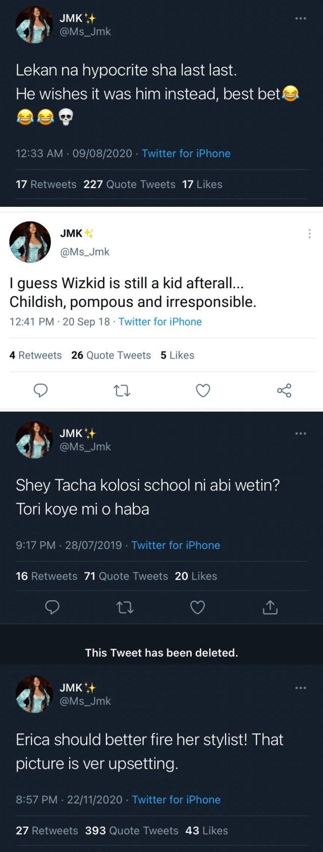 #BBNaija: Old tweets of JMK dissing Laycon, Erica, Wizkid & Tacha surfaces 