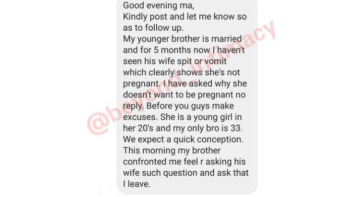 "My brother said I should leave his house because I asked his wife 'when will you get pregnant?' - Lady laments