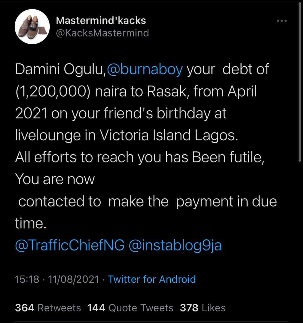 Burna Boy called out over alleged debt of N1.2M since April
