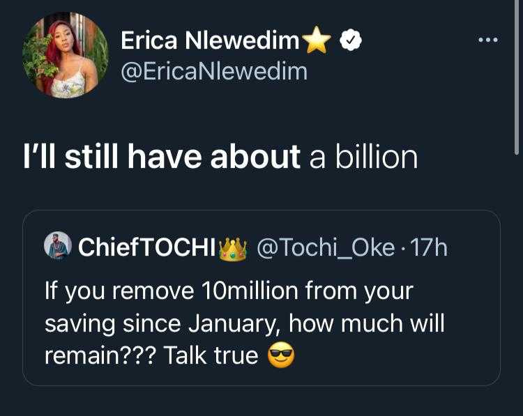 Erica reveals amount of money left in her account if N10M is removed
