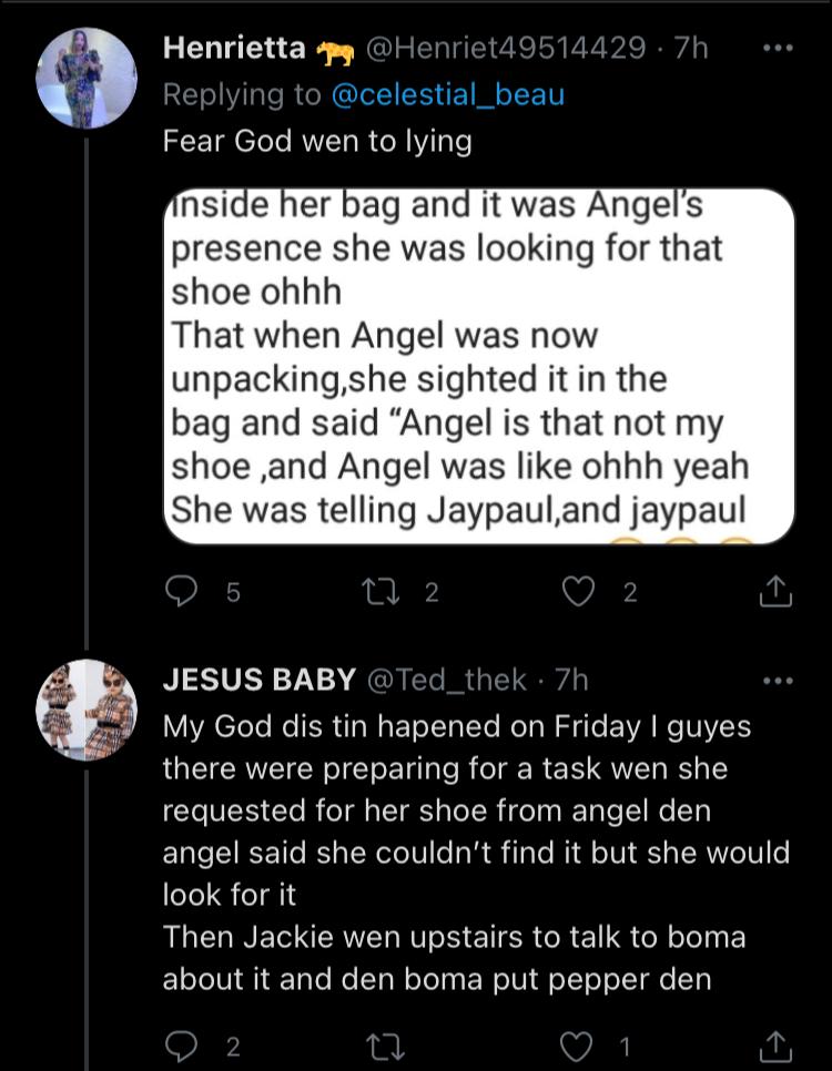#BBNaija: Jackie B accuses Angel of intentionally hiding her shoes after borrowing it (Video)