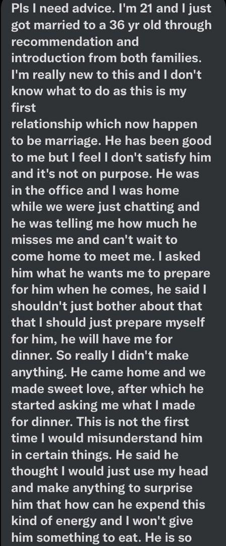 21-year-old lady cries out for help on how to please 36-year-old husband