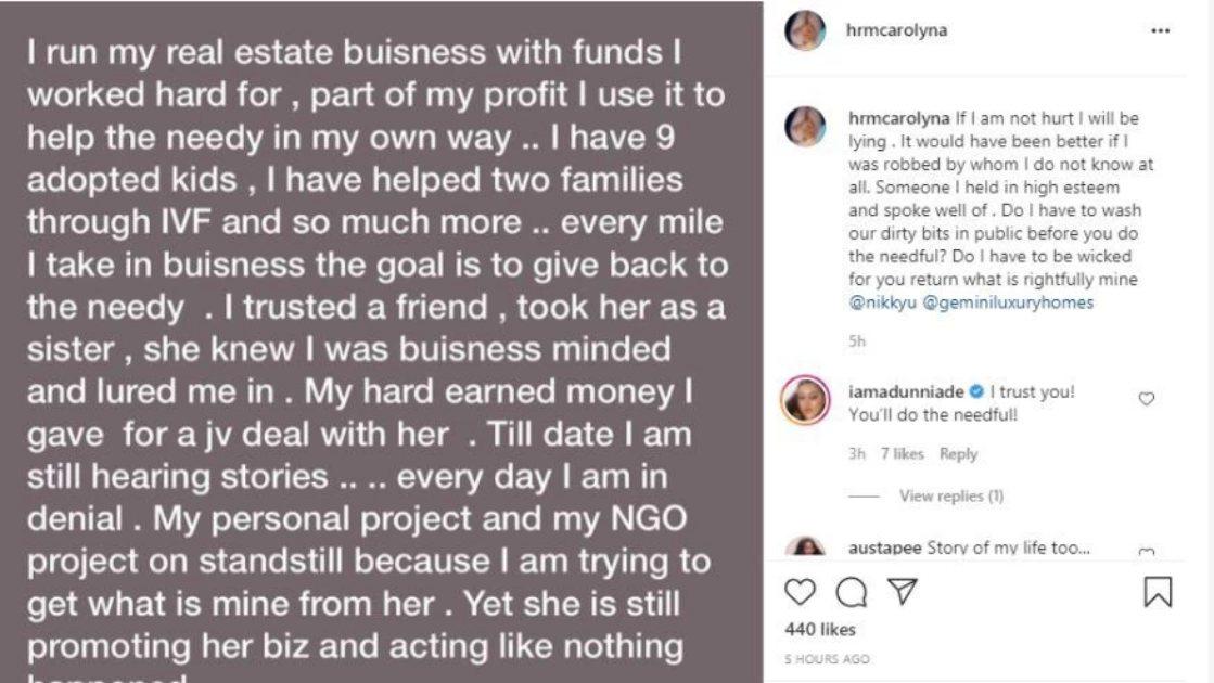 Actress Carolyn Danjuma calls out colleague Nikky Ufondu of fraud