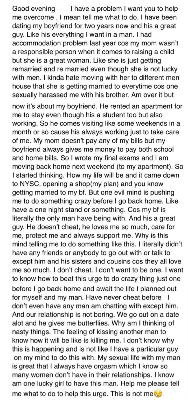 "My boyfriend takes care good of me but I'm having a strong urge to cheat on him" - Lady cries out