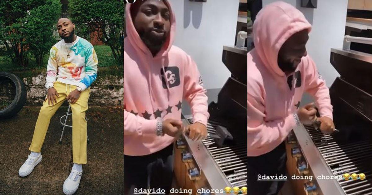 "The chores sef looks rich" - Reactions as Davido is spotted doing some house chores (Video)
