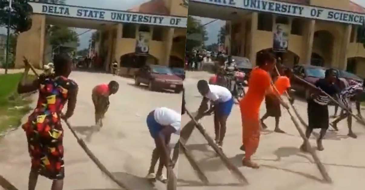 Delta Polytechnic students rejoice over exit of Rector by sweeping main gate (Video)