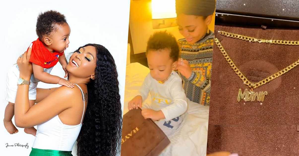 Regina Daniels gifts 1-year-old son customized gold necklace (Video)