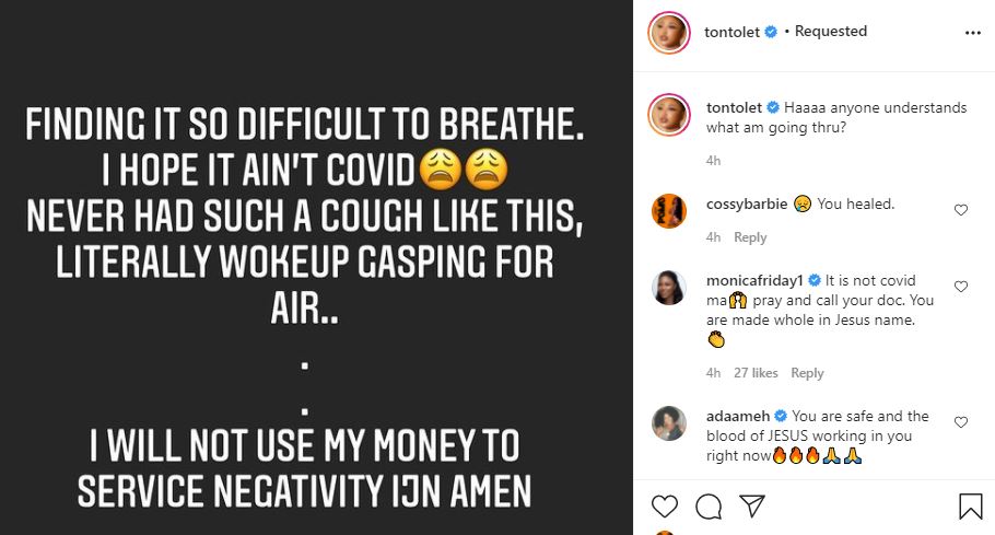 Actress Tonto Dikeh raises alarm over breathing difficulties