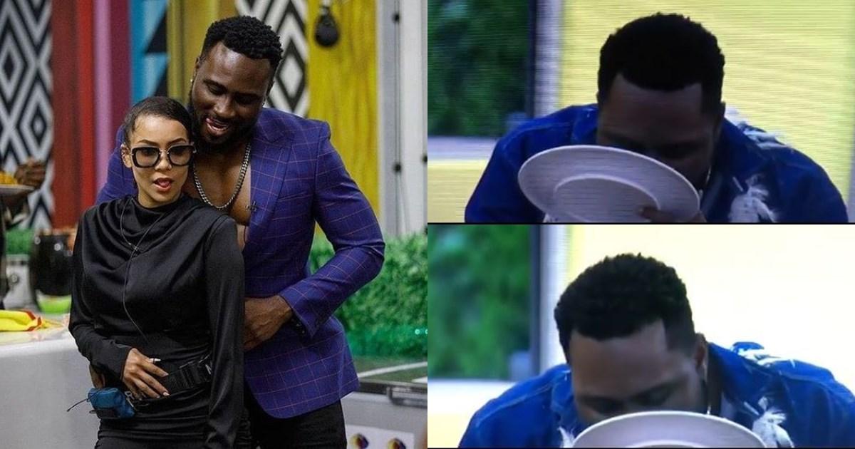 #BBNaija: "Local man lost his home training" - Reactions as Pere is spotted licking his plate after Maria took his fork (Video)