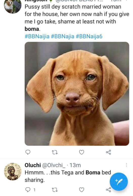 Viewers of the Big Brother Naija 'Shine Ya Eye' reality show express dissatisfaction at the activities involving a married housemate, Tega, and a fellow housemate, Boma.