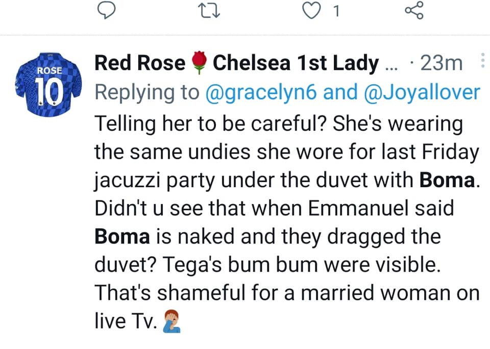 Viewers of the Big Brother Naija 'Shine Ya Eye' reality show express dissatisfaction at the activities involving a married housemate, Tega, and a fellow housemate, Boma.
