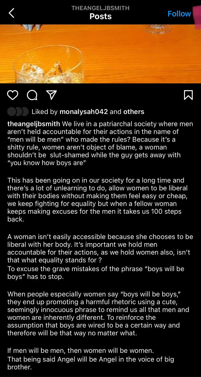 #BBNaija: Angel's father attacks Maria over claims that 'boys will be boys'