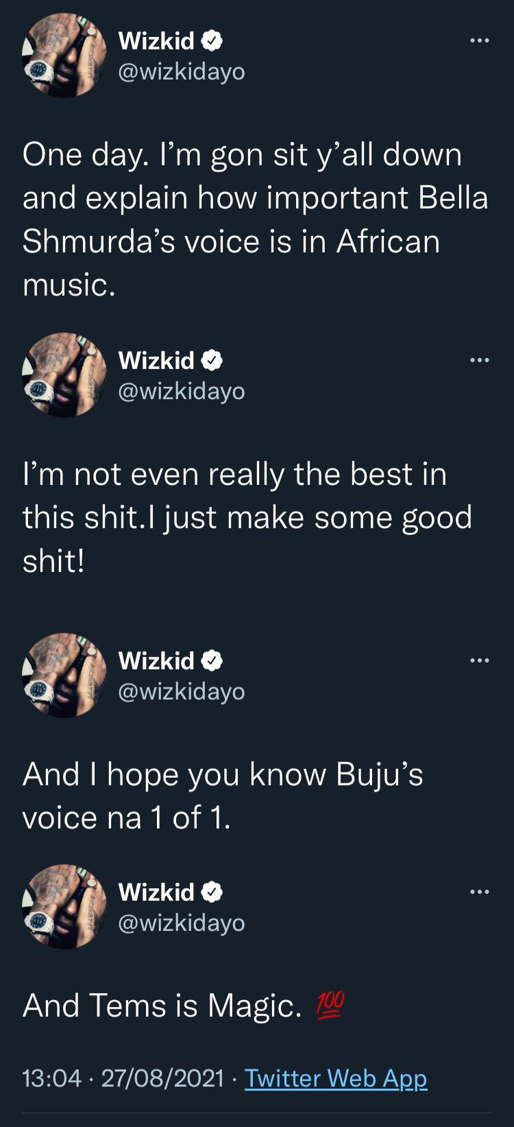 "I'm not the best in this" - Wizkid says as he rains praises on Bella Shmurda, Tems, Buju