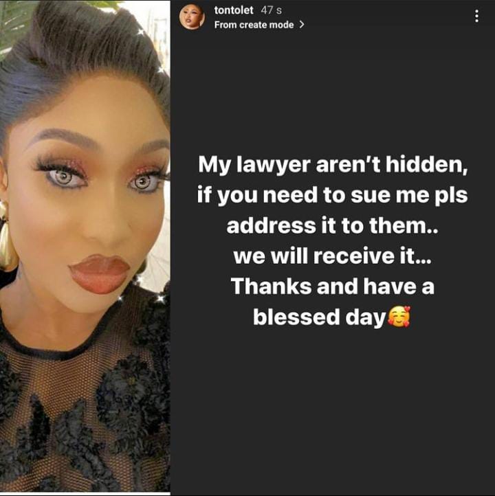 Tonto Dikeh lawyers kpokpogri