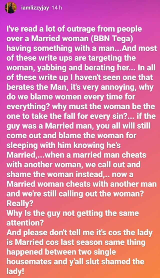 #BBNaija: Actress Lizzy Jay blasts trolls criticizing Tega over affair with Boma