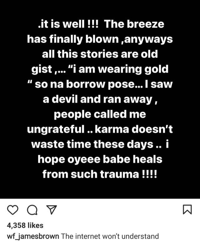 “The breeze has finally blown” — James Brown writes after Bobrisky's former P.A released fresh allegations