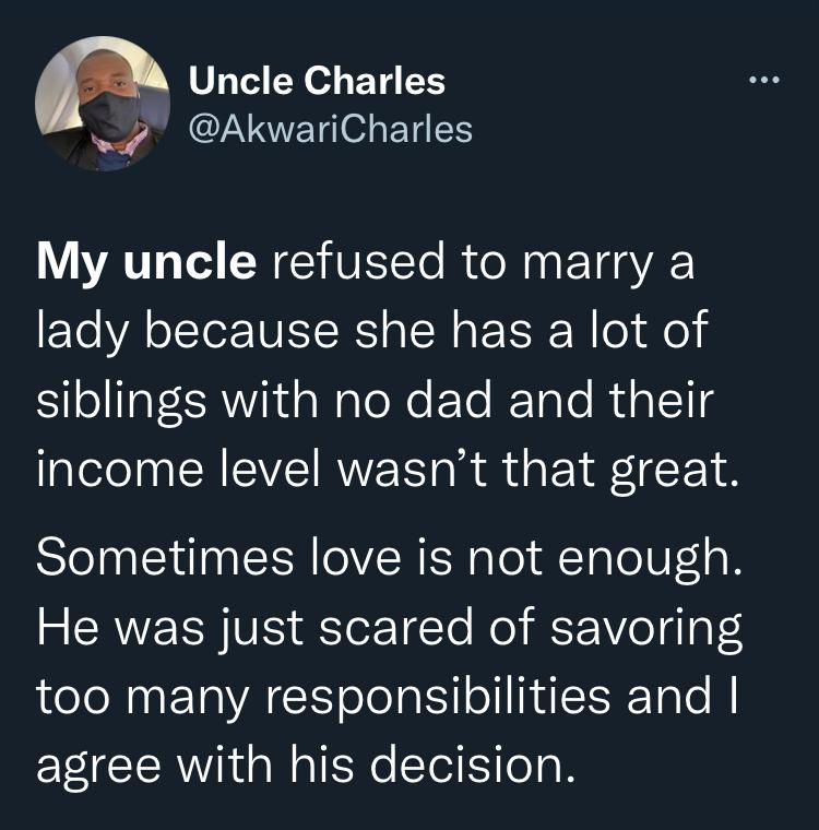 Man narrates how his uncle turned down marriage with lady who earns low, has many sisters, no father
