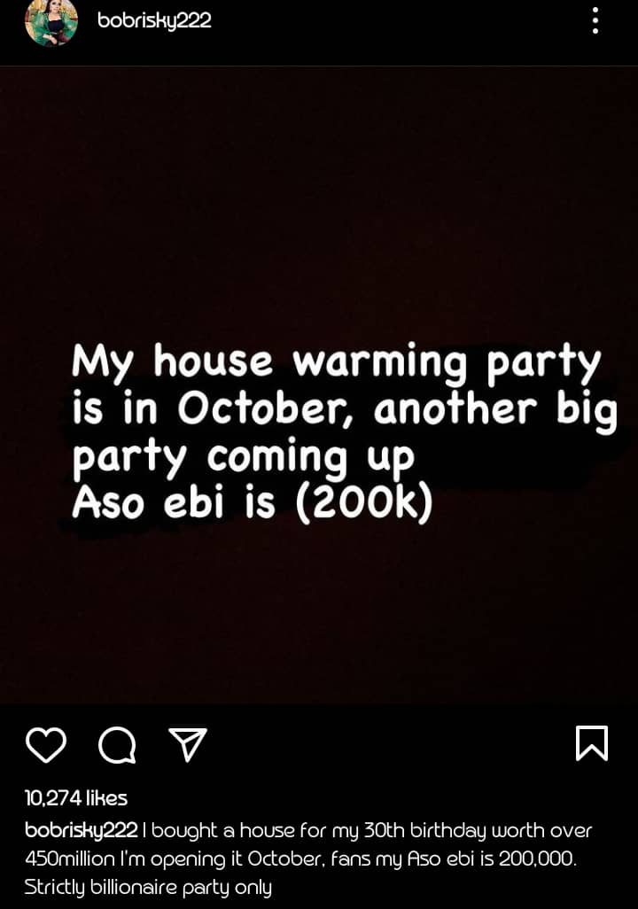 Bobrisky house million Birthday