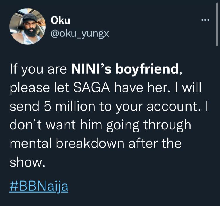 #BBNaija: Man offers Nini's boyfriend N5M to leave her for Saga ahead of show's conclusion