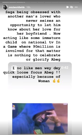 #BBNaija: "Immature child, obsessed with another man's lover" - Singer, Orezi blasts Saga