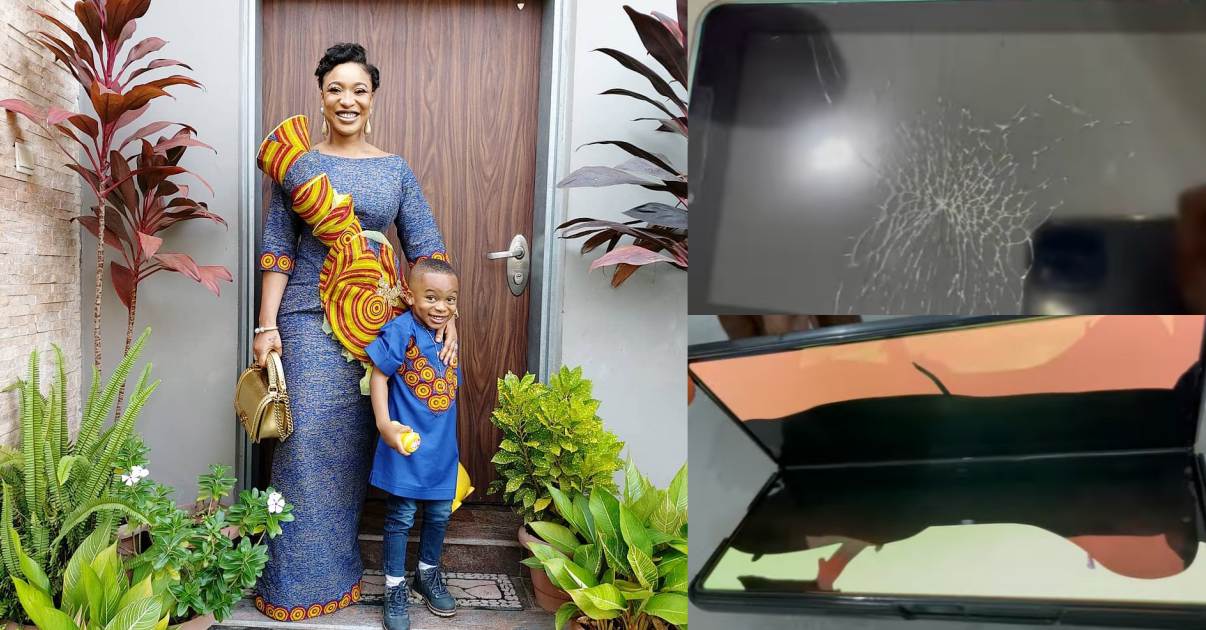 Tonto Dikeh laments as son destroys phones worth millions of naira (Video)