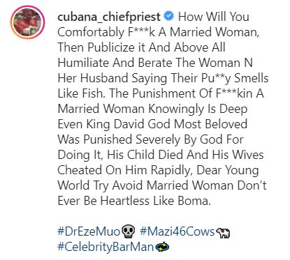 #BBNaija: Cubana Chief slams Boma for allegedly saying Tega's privates smells like fish