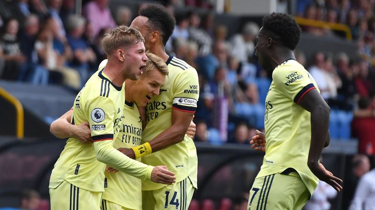 Martin Odegaard celebrates goal with Arsenal teammates