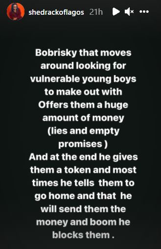 Bobrisky exposed on how he sleeps with young boys, lies about dating Timini, Skiibi (More details)