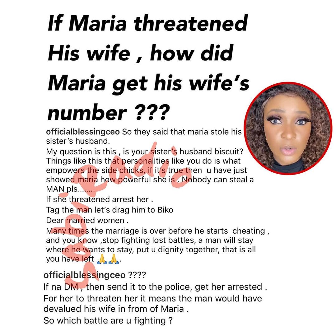"How did she get his wife's number" - Blessing Okoro weighs in on Maria's affair with married man