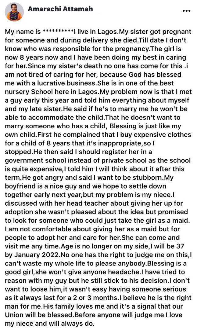 Lady cries out over boyfriend's disapproval of late sister's child in her care