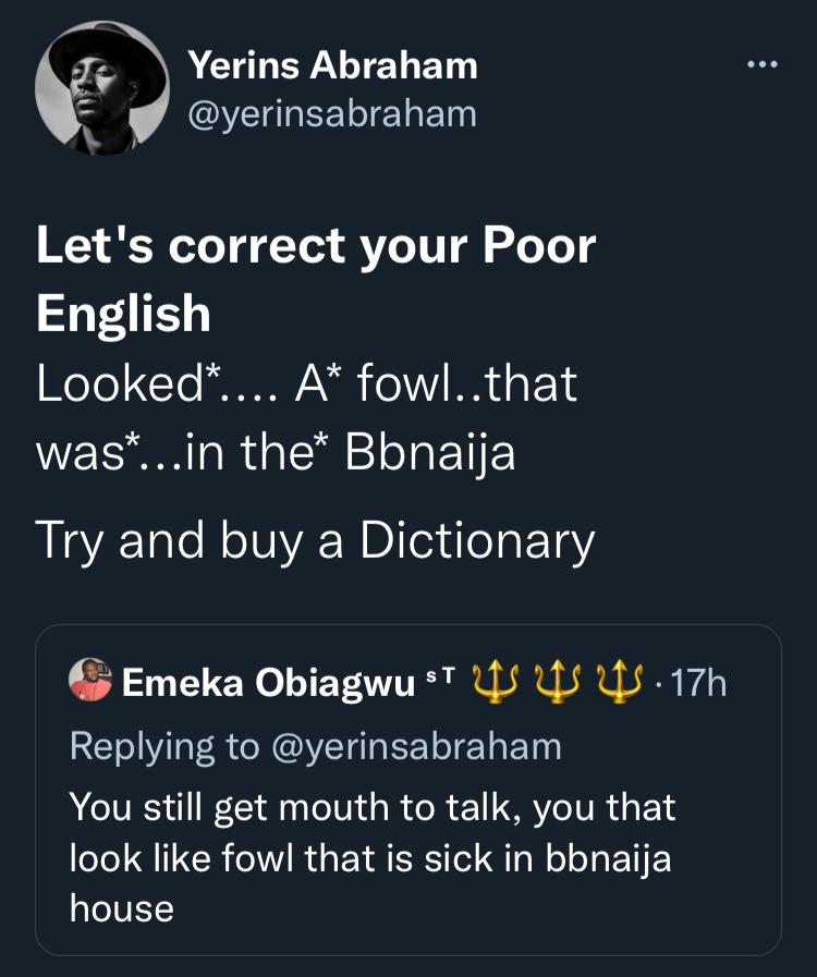 BBNaija's Yerins carpets troll who ridiculed him for preaching against toxic behavior to housemates