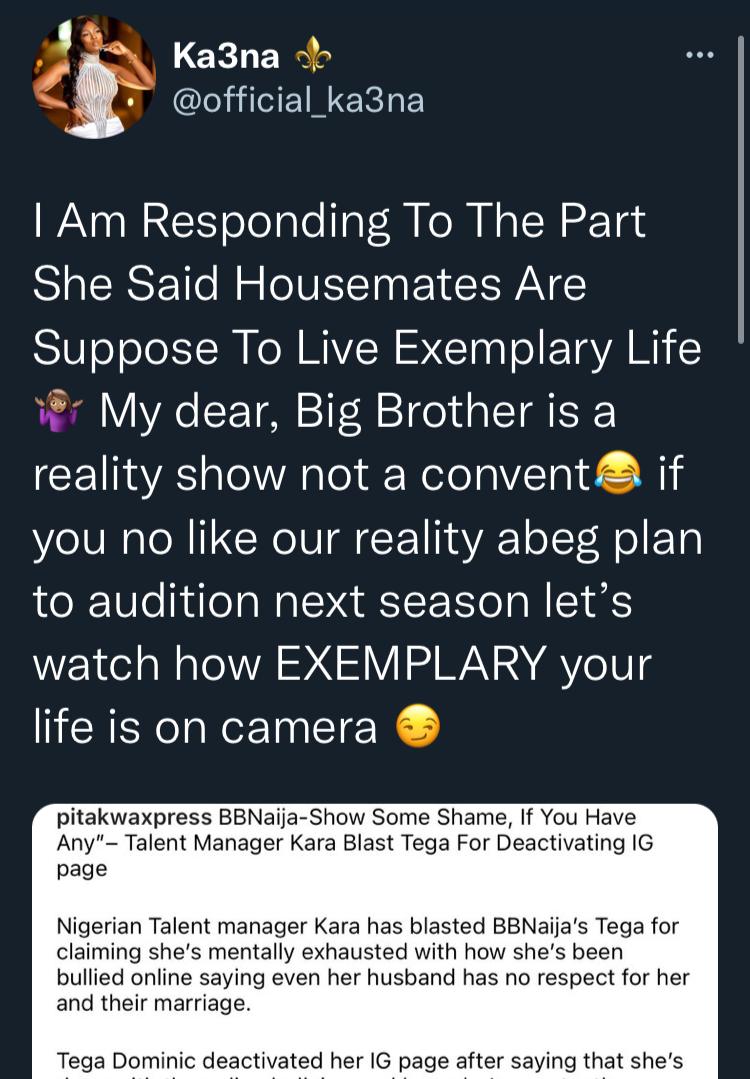 Boss lady Ka3na lambasts talent manager, Kara for condemning Tega's behavior on BBNaija show