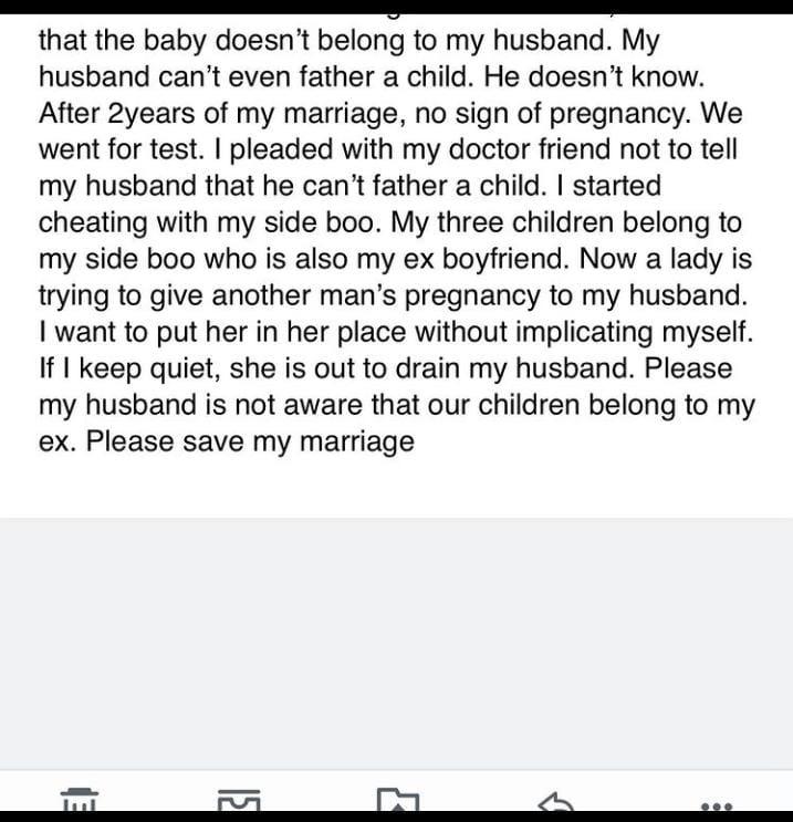 Mother of three seeks help to expose side chick who is pregnant for her 'impotent husband'