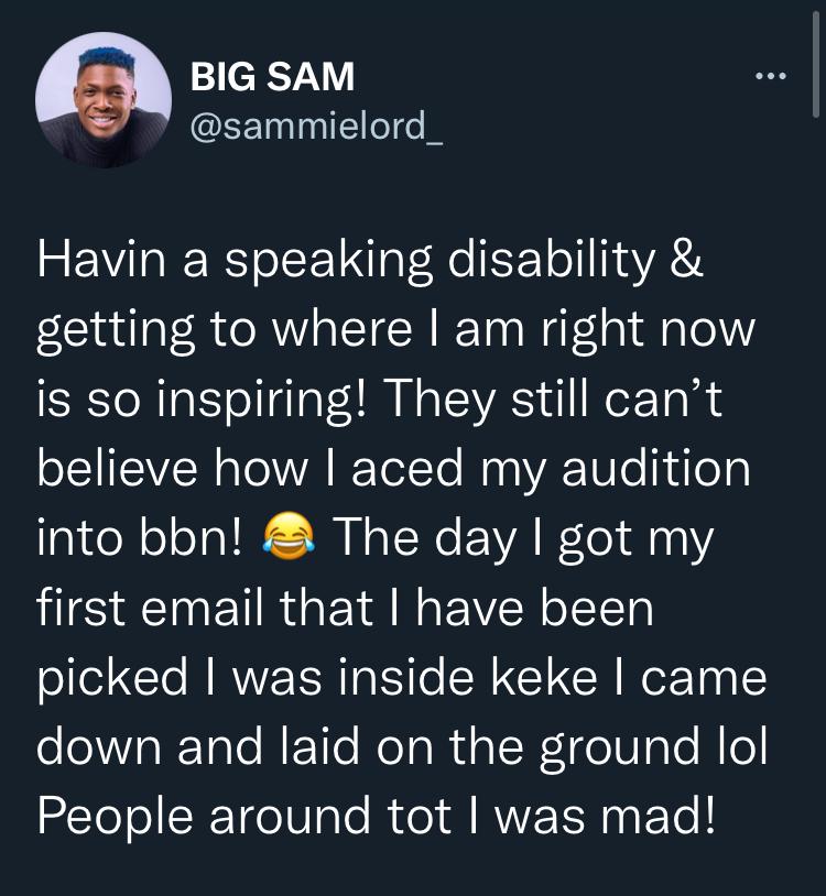 Reality star, Sammie recounts making it to BBNaija despite speaking disability
