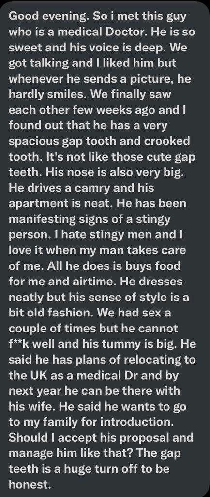 "His nose, gap teeth, and tummy are big turn off" - Lady laments about features of husband-to-be