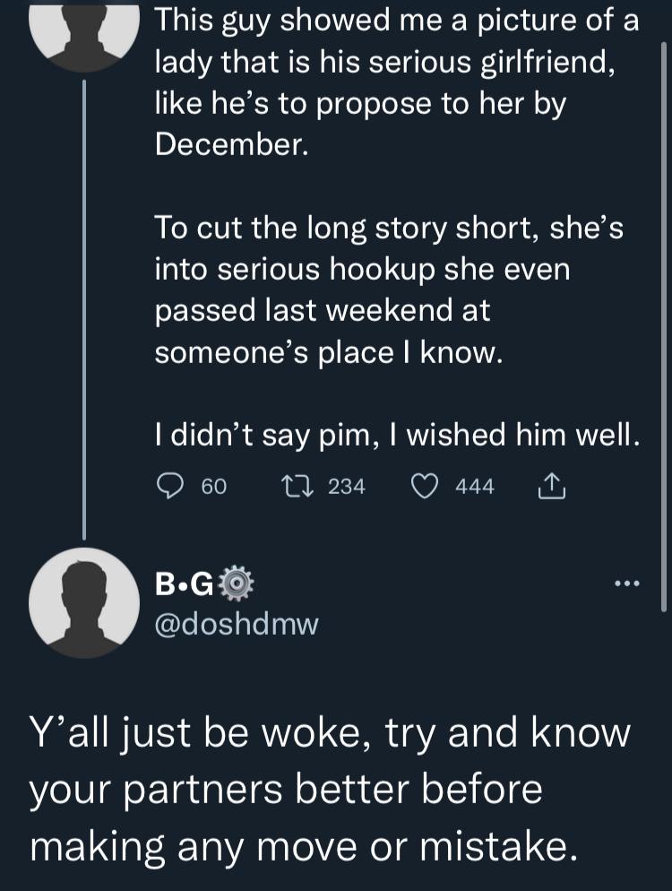 "Know your partner before making moves" - Man advices after finding out colleague's babe is a runs girl