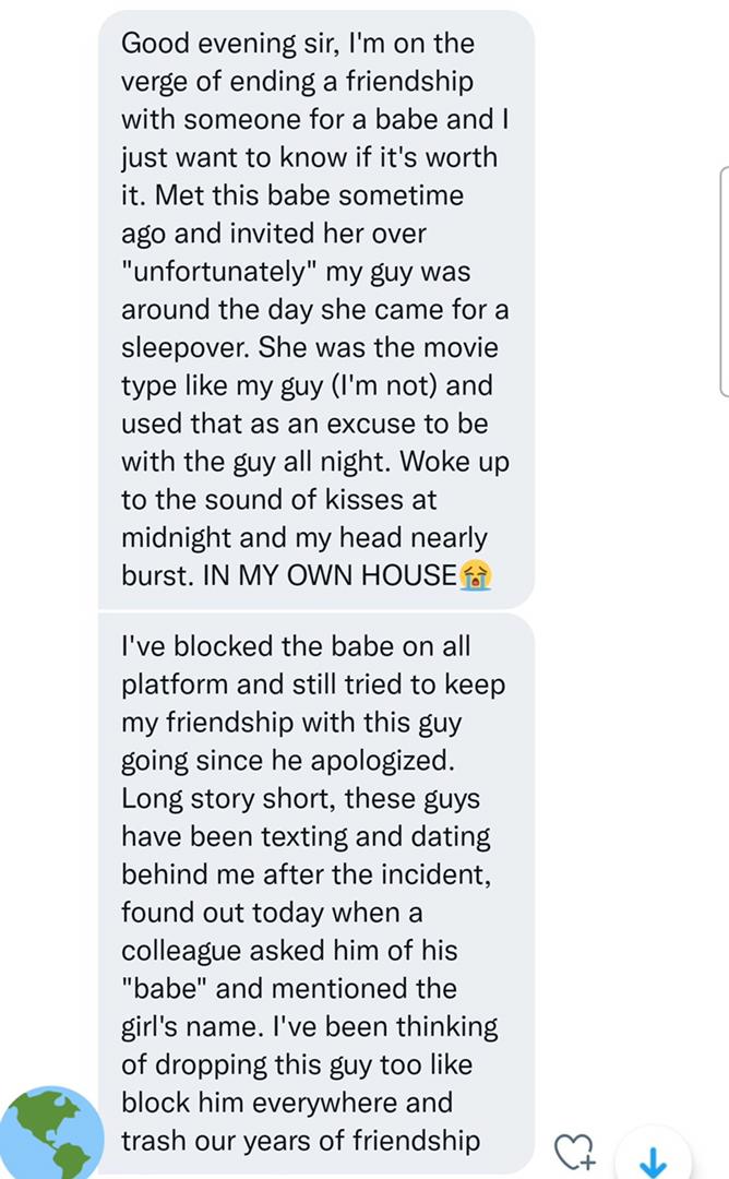 Man narrates how long-time friend snatched his babe after a movie night together in his house 